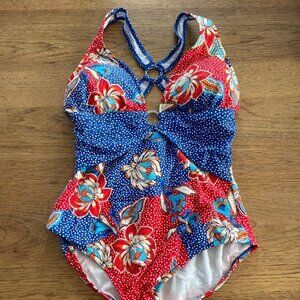 Venus Blue Floral SIZE 18 Plunge Front Cross Back One Piece Swimsuit NWOT E